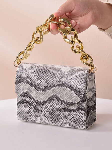 

Fashion Snakeskin Square Metal Chain Handbag, Black-white, Women's Bags