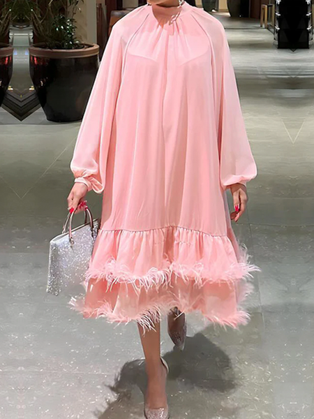 

Loose Raglan Sleeve Stand Collar Long Sleeve Elegant Plain Midi Dress, Pink, Midi Dresses