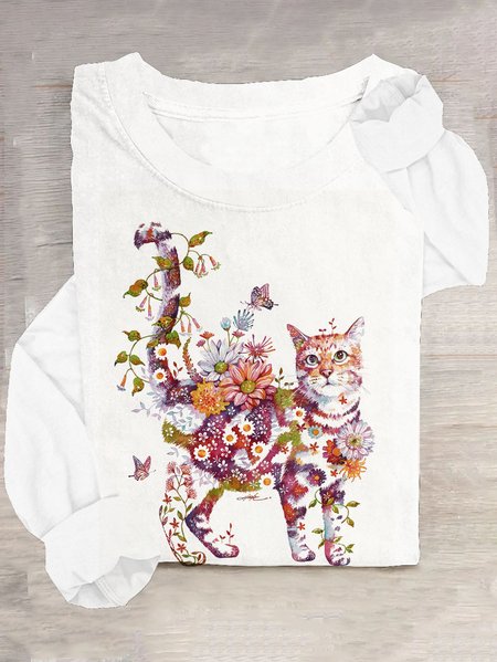 

Casual Floral Crew Neck Long Sleeve T-shirt, White, T-shirts