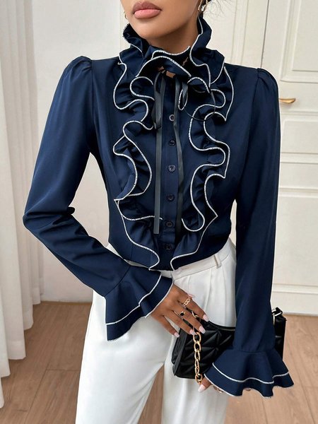 

Elegant Lotus Leaf Collar Plain Ruffle Sleeve Regular Fit Shirt, Blue, Blouses and Shirts