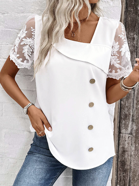 

Short Sleeve Dragonfly Lace Regular Loose Blouse For Women, White, T-shirts