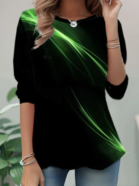 

Casual Jersey Abstract Loose T-Shirt, Green, Long sleeves