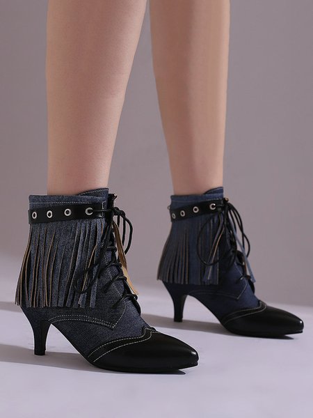 

Color Block Denim Fringed Kitten Heel Fashion Boots, Black, Boots