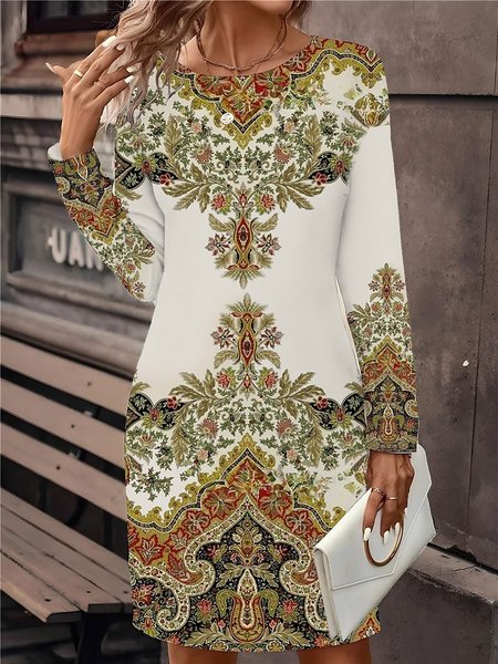 

Women Ethnic V Neck Long Sleeve Comfy Casual Mini Dress, White, Midi