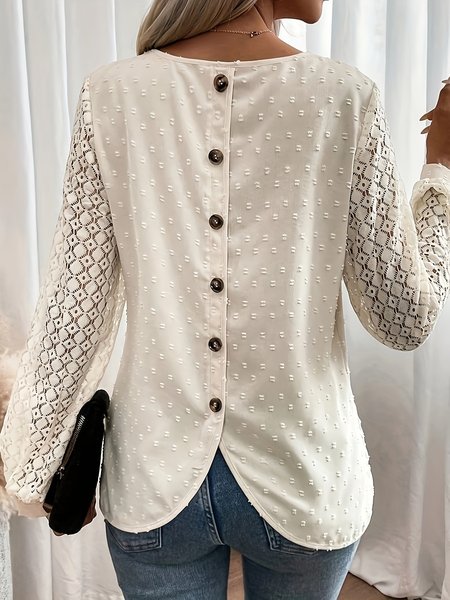 

Crew Neck Long Sleeve Plain Lace Regular Loose Blouse For Women, White, Blouses
