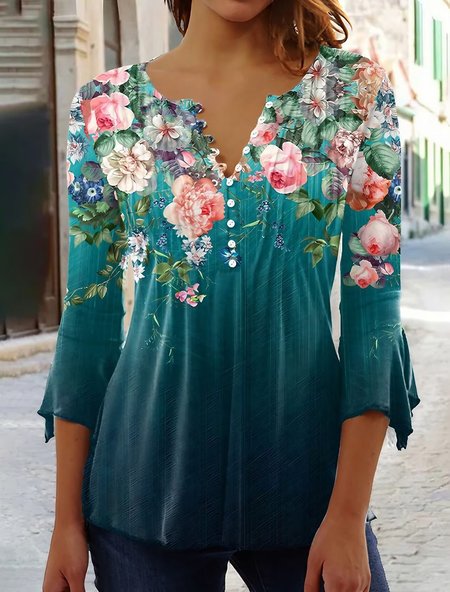 

Crew Neck Three Quarter Sleeve Floral Lace Regular Micro-Elasticity Loose Blouse For Women, Deep blue, Blouses