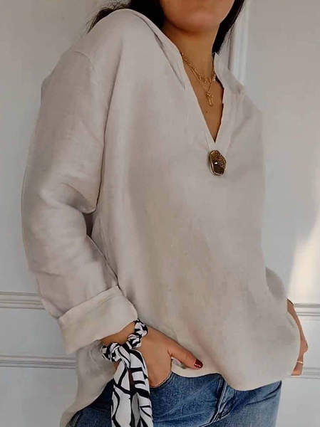 

V Neck Long Sleeve Plain Regular Loose Blouse For Women, Camel, Blouses