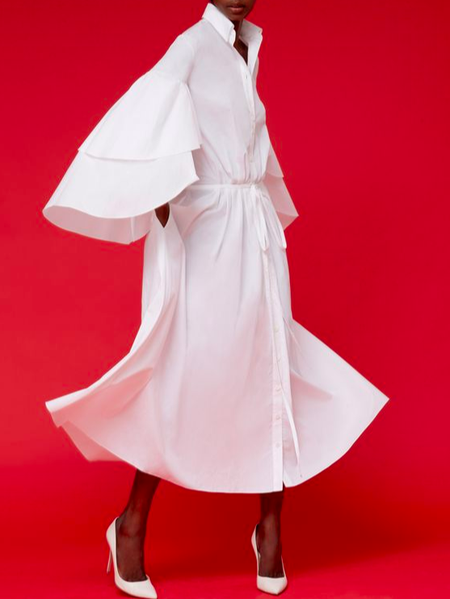 

Ruffle Sleeve Cotton Elegant Shirt Dress, White, Midi Dresses