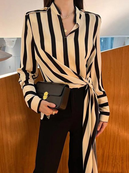 

Striped Urban Stand Collar Long Sleeve Regular Fit Shirt, Stripe, Blouses and Shirts