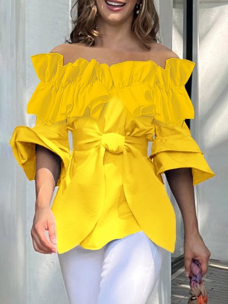 

Plain Urban Peplum Bell Sleeve Blouse With Belt, Yellow, Blouses and Shirts