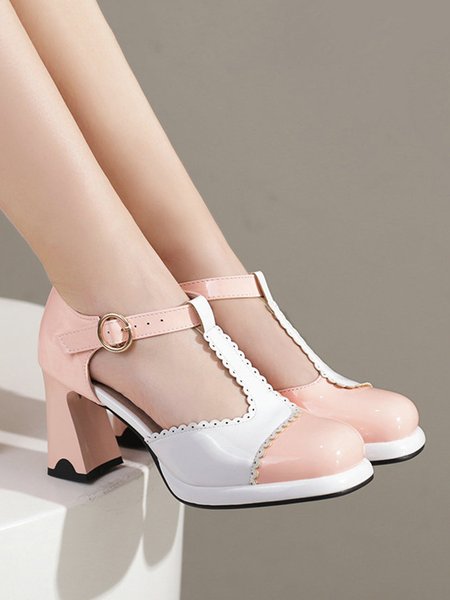 

Elegant Color Block Chunky Heel T-Strap Pumps, Pink, Heels