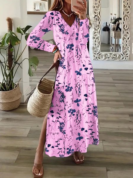

Women Floral V Neck Long Sleeve Comfy Casual Maxi Dress, Pink, Dresses