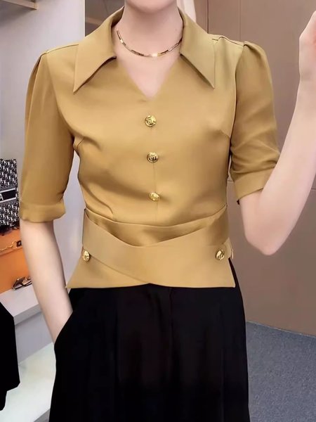

Shirt Collar Elegant Regular Sleeve Blouse, Khaki, Blouses and Shirts