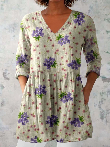 

Floral V Neck Loose Casual Shirt, Purple, Blouses & Shirts