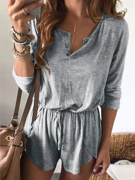 

Women Long Sleeve Crew Neck Regular Fit Shorts Daily Casual Plain Natural Jumpsuit, Gray, Jumpsuits&Rompers