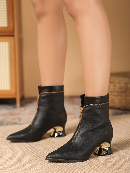 

Black Embossed Front Zip Spool Heel Dress Boots, Boots