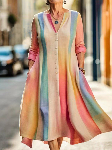 

Women's Short Sleeve Summer Striped Buckle Dress V Neck Daily Going Out Casual Midi A-Line Yellow, Dresses