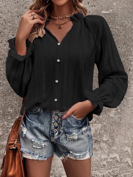 V Neck Long Sleeve Plain Regular Loose Blouse For Women, Black, Blouses