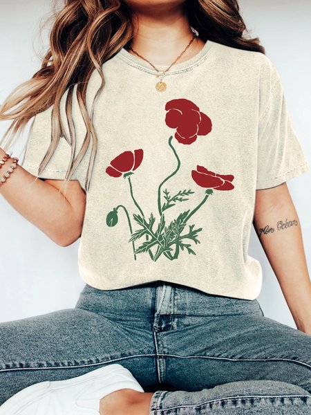 

Poppy flower Vintage Distressed Shirt, Off white, T-shirts