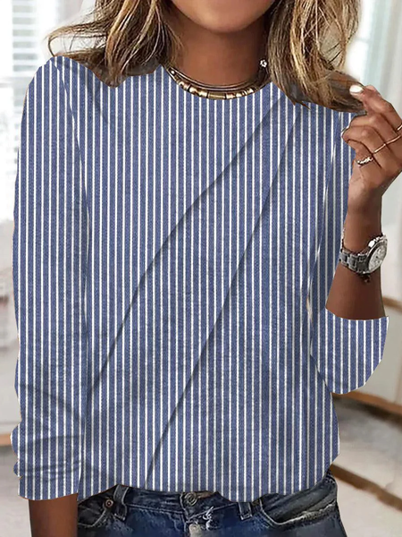 

Casual Striped Crew Neck Long Sleeve T-shirt, Blue, T-shirts