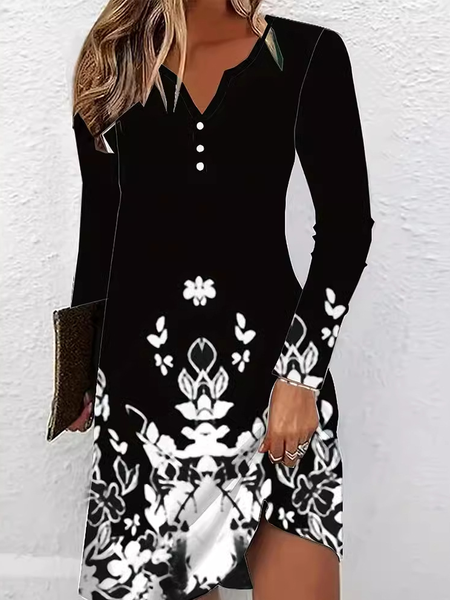 

Women Floral V Neck Long Sleeve Comfy Casual Mini Dress, Black, Short