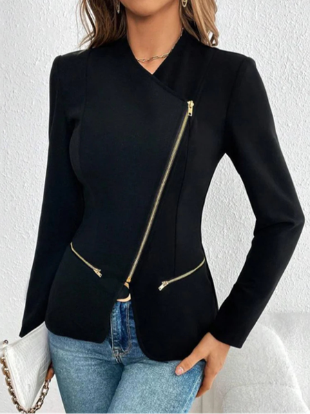 

Women's Plain Zipper Regular Loose Jacket, Black, Outerwear