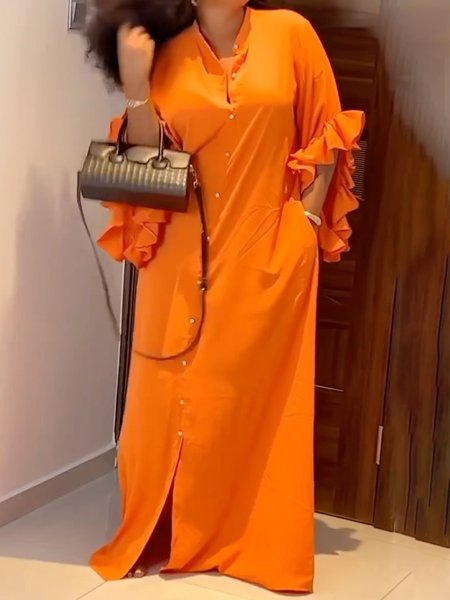 Casual Stand Collar Ruffle Sleeve Shirt Dress, Orange, Maxi Dresses