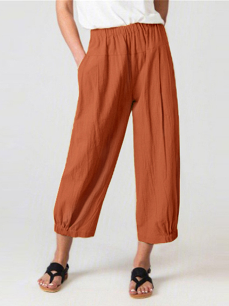 

Plain Loose Casual Cotton Pants, Brick red, Pants