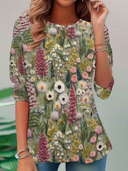 

Casual Floral Crew Neck Long Sleeve T-shirt, Multicolor, Blouses