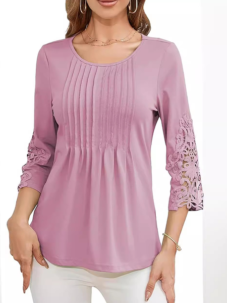 

Women's Three Quarter Sleeve Blouse Spring/Fall Plain Lace Crew Neck Daily Going Out Casual Top White, Purple, Shirts & Blouses