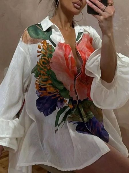 

Bell Sleeve Printing Casual Shirt Collar Floral Loosen Shirt, As picture, Blouses and Shirts