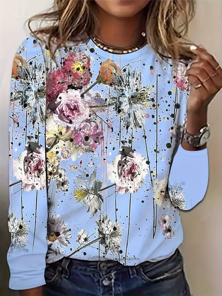 Casual Floral Crew Neck Long Sleeve T-shirt, Blue, T-shirts