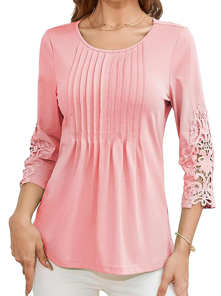 Crew Neck Loose Lace Casual Blouse With No