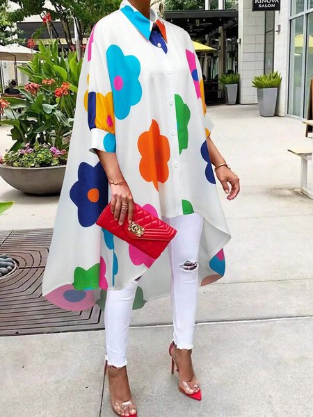 

Casual Shirt Collar Raglan Sleeves Floral Shirt, White, Blouses and Shirts