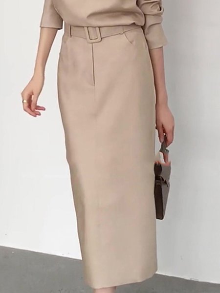 

High Waist Urban Plain Skirt With Belt, Light khaki, Skirts