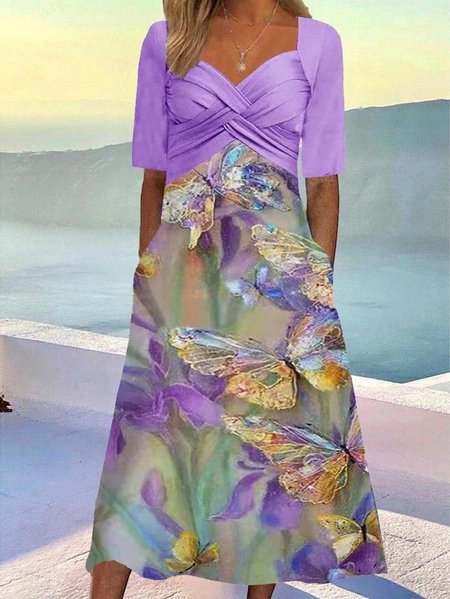 

Women Floral V Neck Half Sleeve Comfy Casual Maxi Dress, Purple, Dresses