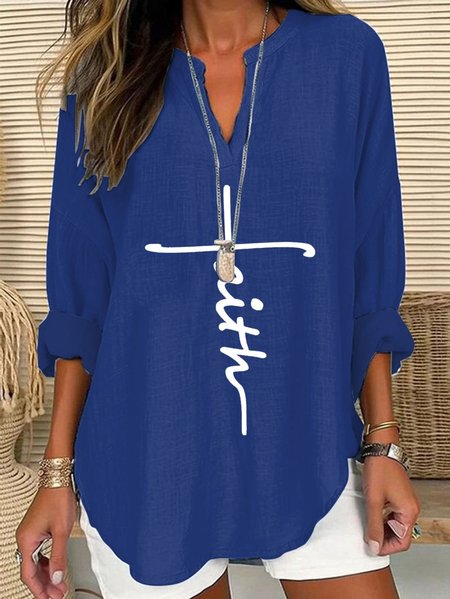 

Notched Three Quarter Sleeve Letter Pattern Lace Regular Micro-Elasticity Loose Blouse For Women, Blue, Blouses