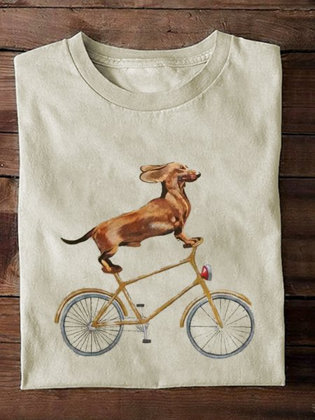 Casual Dog Crew Neck Long Sleeve T-shirt, Apricot, T-shirts