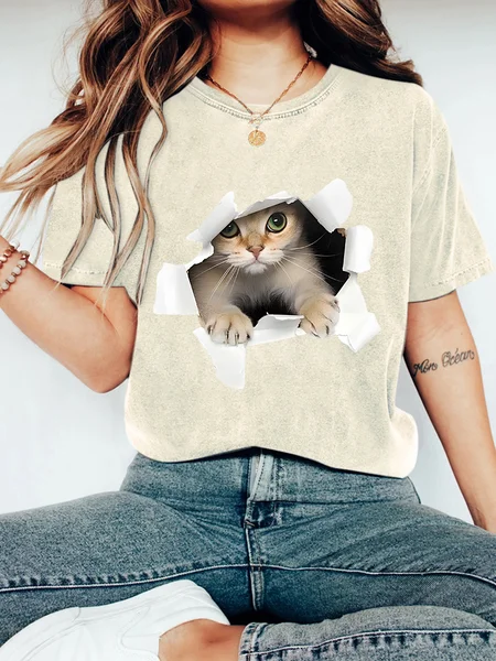 

3D Cat Vintage Distressed Shirt, Off white, T-shirts
