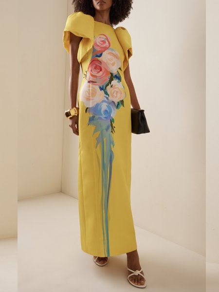 

Urban Crew Neck Color Block Petal Sleeve Dress, Yellow, Maxi Dresses