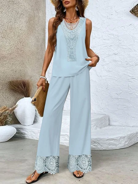 

Women's Lace Plain Daily Going Out Two Piece Set Sleeveless Casual Summer Top With Pants Matching Set Light Blue, Jumpsuits＆Rompers