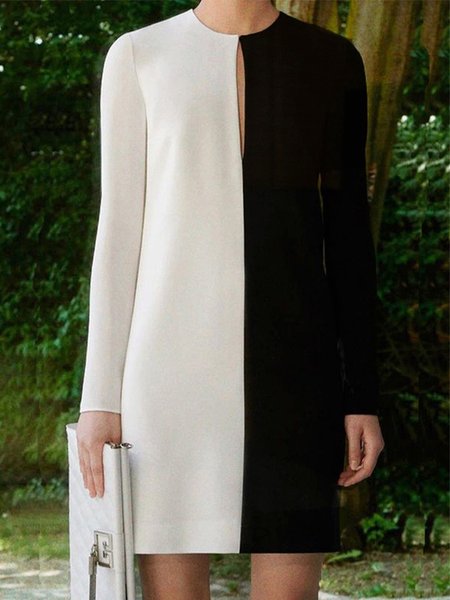 

Crew Neck Color Block Long Sleeve Dress, As picture, Mini Dresses