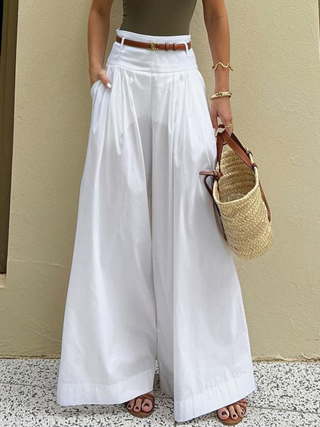 

Loose Casual Cotton Plain Pants, White, Pants