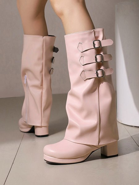 

Buckle Fold Block Heel Mid-calf Boots, Pink, Boots