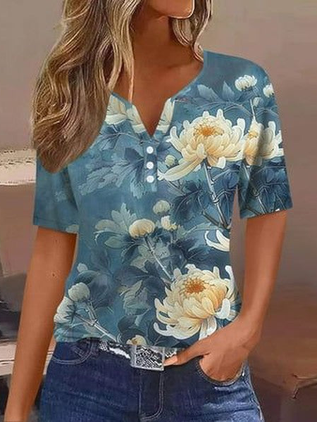 

Women's Short Sleeve Blouse Summer Floral Jersey V Neck Daily Going Out Casual Top Blue, Shirts & Blouses
