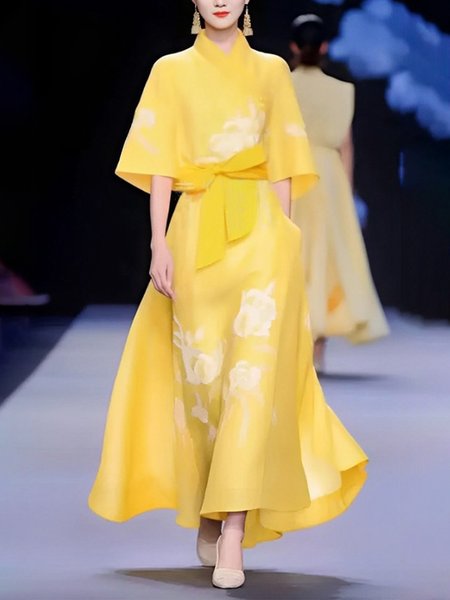 

Loose Raglan Sleeves Cross Neck Elegant Printing Half Sleeve Midi Dress With Belt, Yellow, Midi Dresses