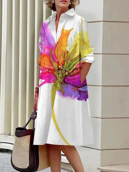 

Women Floral Shirt Collar Long Sleeve Comfy Casual Midi Dress, Orange red, Dresses