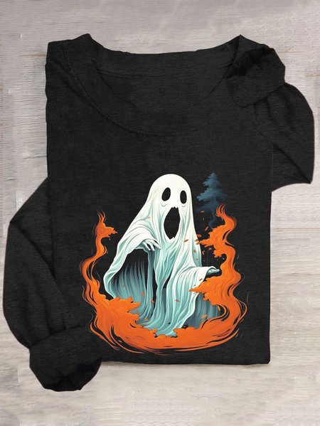 Casual Halloween Crew Neck Long Sleeve T-shirt, Black, T-shirts