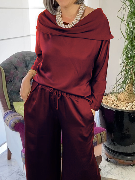 

Regular Sleeve Loose Long Sleeve Urban Plain Blouse, Wine red, Blouses and Shirts