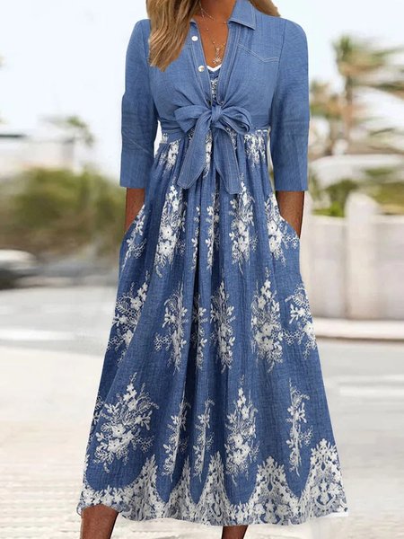 

Women's Bow Floral Daily Going Out Two Piece Set Half Sleeve Casual Summer Dress With Coat Matching Set Blue, Dresses